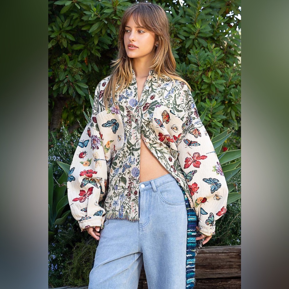 100.POL multicolor jacket Shacket Oversized Butterfly Floral Jacquard - Picture 2 of 7